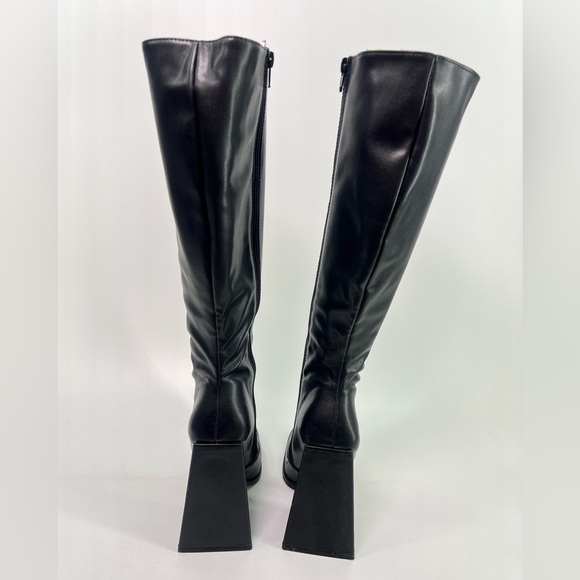 Black Knee High Faux Leather Boots Square Toe Chunky Triangular Heel 7.5 - Picture 5 of 13
